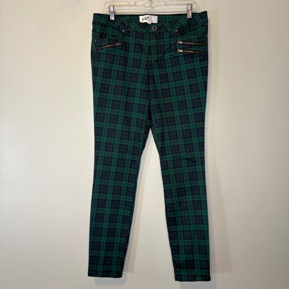 Jolt Womens Green Navy Blue Plaid Skinny Pants Multi Zipper Size 13 T1220UWSL